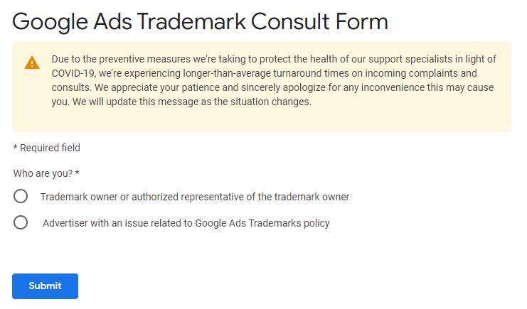 Google Trademark form
