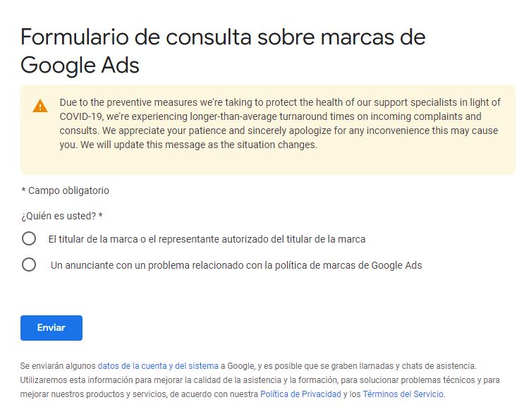 Formulario de Google Trademark.