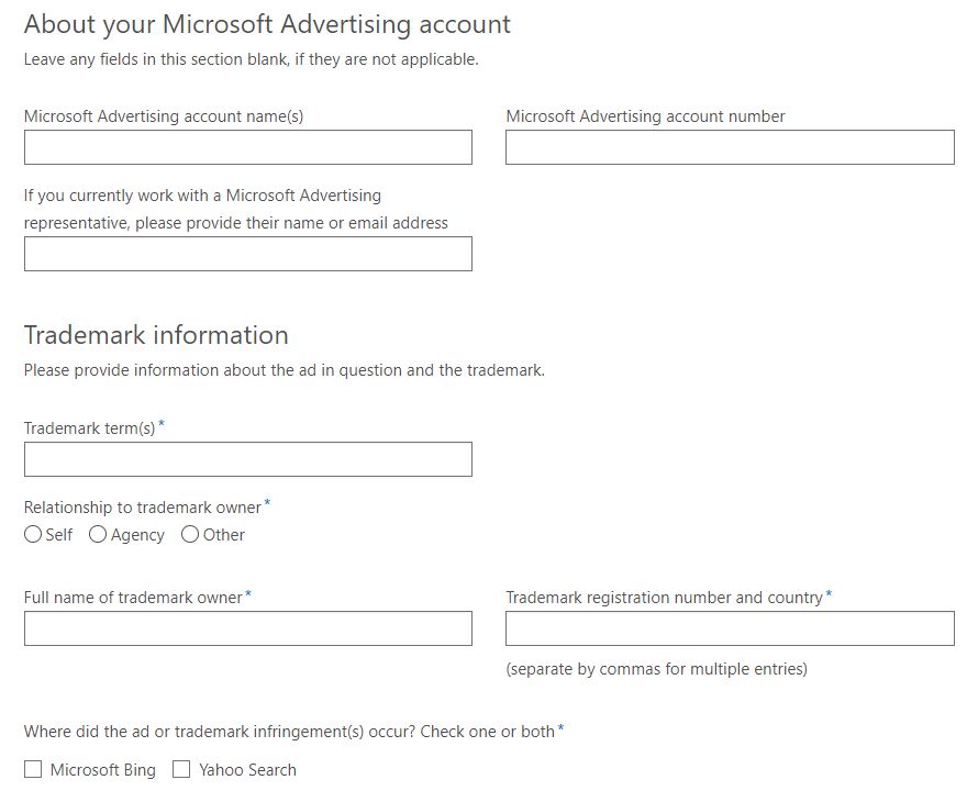 Microsoft Ads Trademark form.
