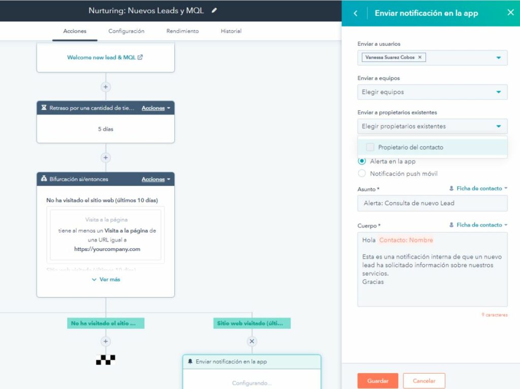 Ejemplo de automatización a través de HubSpot.